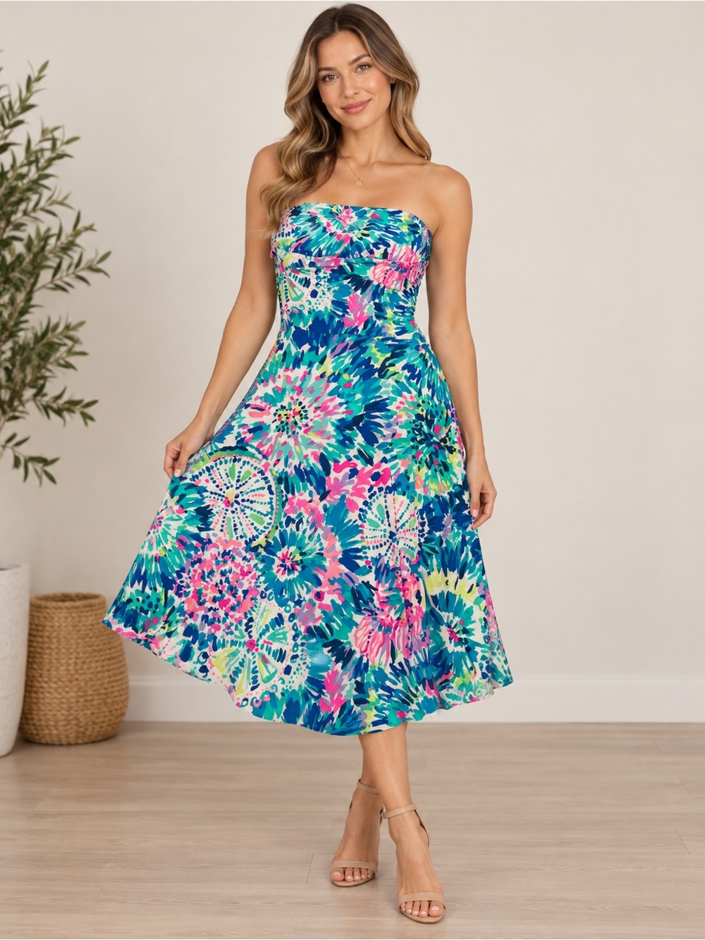 Lilly Pulitzer Strapless Floral Dress - Blue, Pink & Green